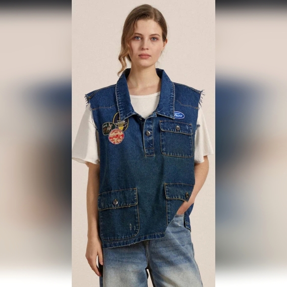 Found Raw Cut Patch Mechanic Denim Vest NWT - Picture 3 of 8
